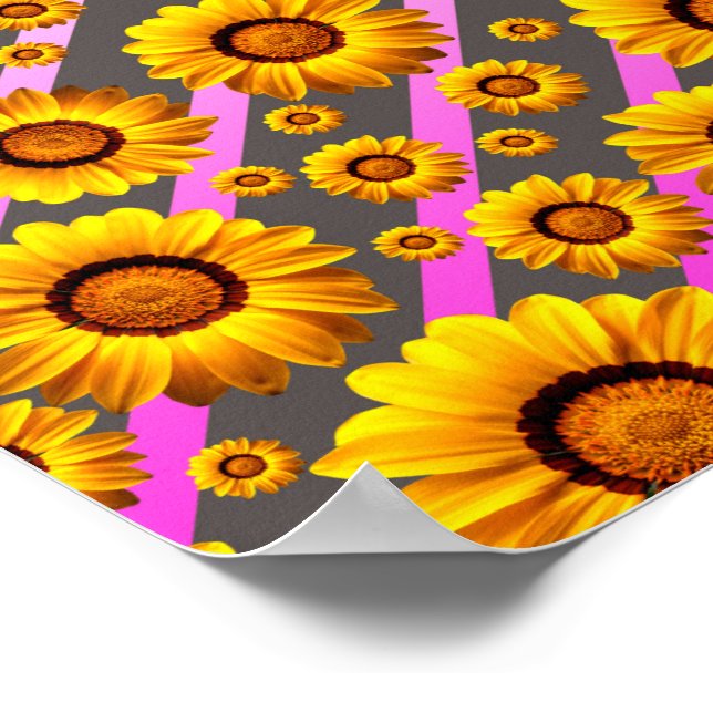 Poster Lindas flores amarelas nas cinzas, faixas cor-de-r (Borda)