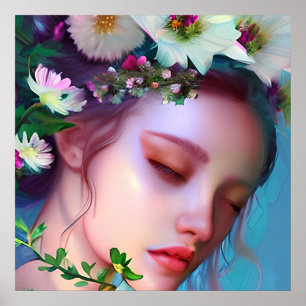 Poster Lindas Flores de Fada nos Cabelos Arte de Fantasia