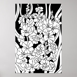 Poster Lindas Flores de Página de Coloração em Preto