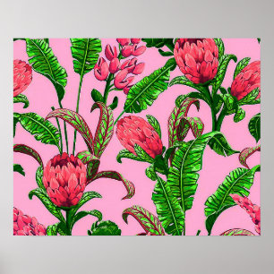 Poster Lindas Folhas Verdes Tropicais com Flores Vermelha