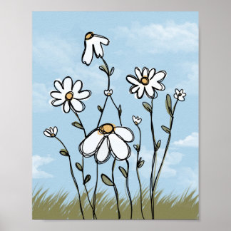 Poster Lindas Margaridas Brancas Desenhadas à Mão Arte em