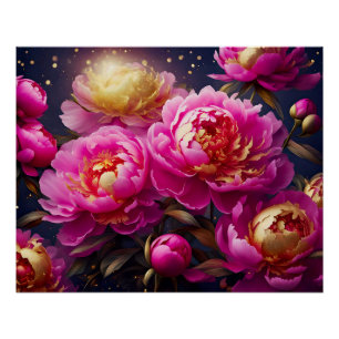 Póster Lindas peônias cor-de-rosa com sotaques ouros
