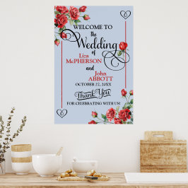 Poster Lindas Rosas Vermelhas Florais Casamento Boas-vind