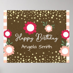 Poster Lindo Aniversário Menina Rosa Floral Kraft
