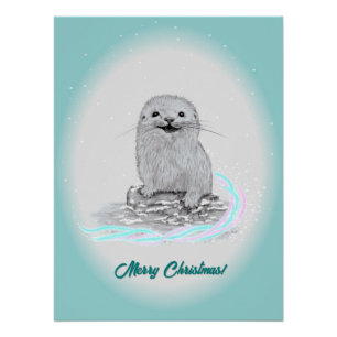 Póster Lindo Bebê de Lontra Marinha Branca, Feliz Natal