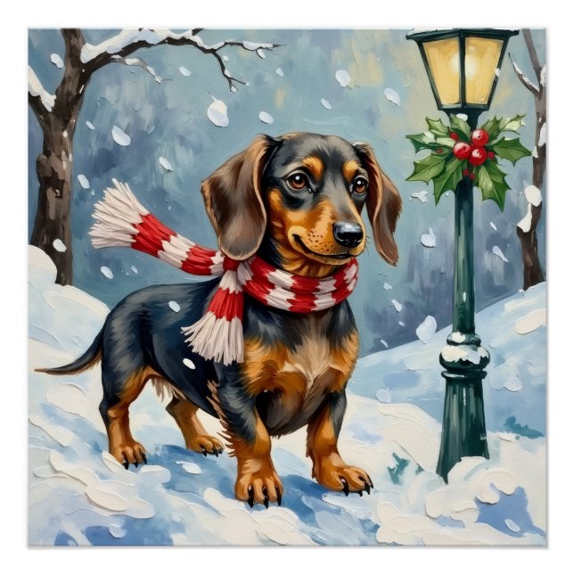 Póster Lindo Cachorrinho Dachshund Cachecol de Inverno Ar (Frente)