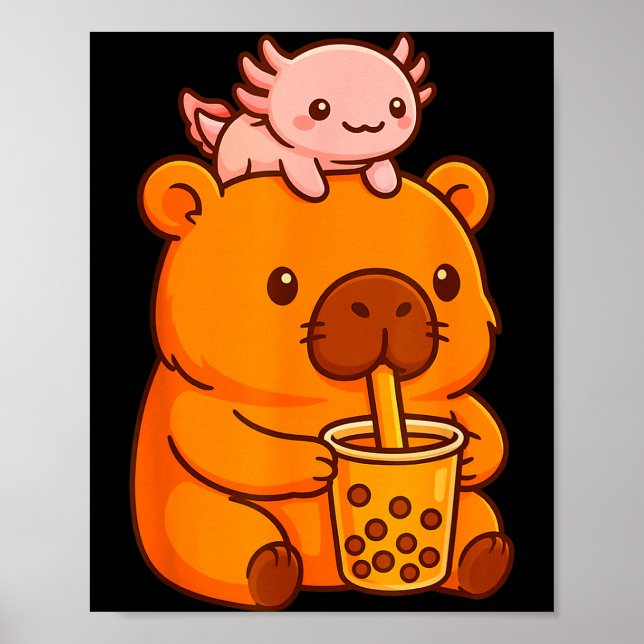 Poster Lindo Capivara Bebendo Chá Bubble e Axolote Kawaii (Frente)