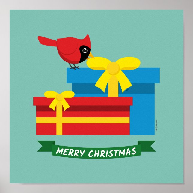 Poster Lindo Cardinal Vermelho Abrindo um Presente Azul (Frente)