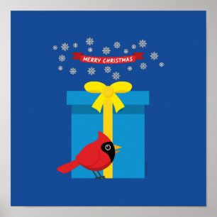 Poster Lindo Cardinal Vermelho Com Presente Azul