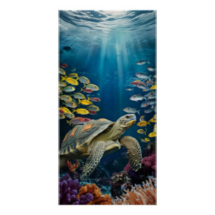 Póster Lindo Cartaz de Tartaruga, Peixes e Plantas Marinh
