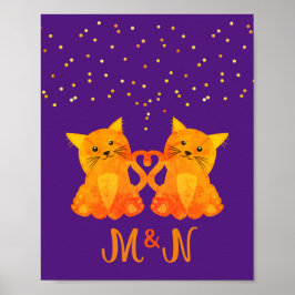 Poster Lindo Casal de Gatinhos Laranja com Monograma Roxo