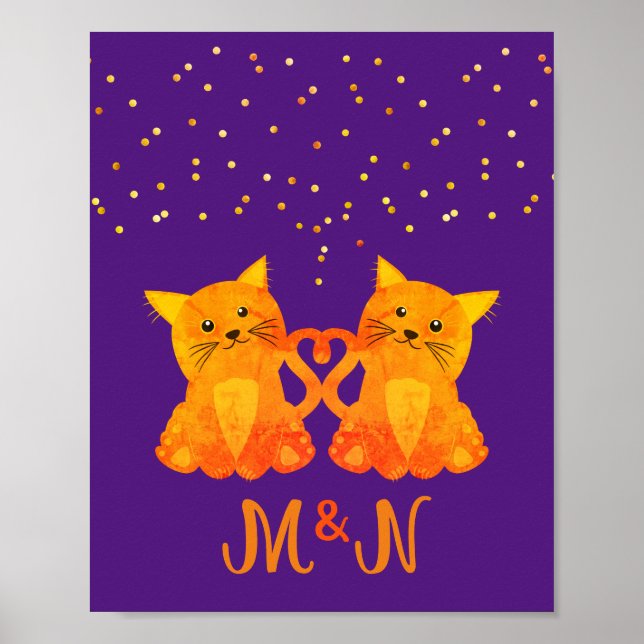 Poster Lindo Casal de Gatinhos Laranja com Monograma Roxo (Frente)
