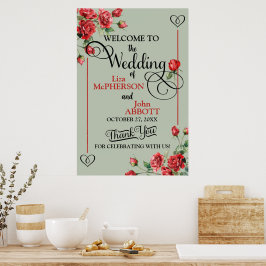 Poster Lindo Casamento de Rosas Florais Verde Salvia e Ve