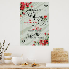 Poster Lindo Casamento de Rosas Florais Verde Salvia e Ve