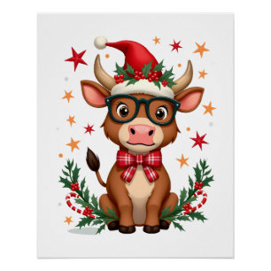 Póster Lindo chapéu de Papai Noel para amante de vaca das