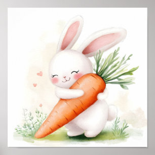 Poster Lindo Coelho de Aquarela da Primavera Cenoura