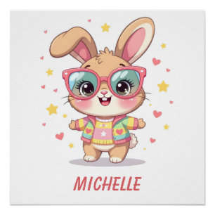 Póster Lindo coelho feminino com monograma usando óculos