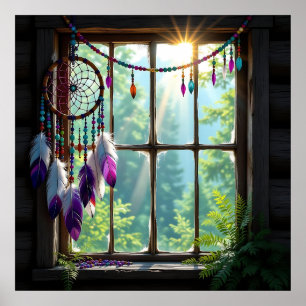 Poster Lindo Dreamcatcher Boho Roxo na Janela  