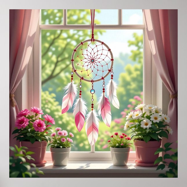 Poster Lindo Dreamcatcher Rosa e Plantas no Parapeito da  (Frente)