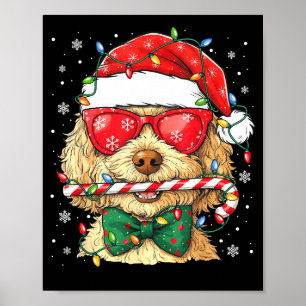 Poster Lindo Goldendoodle Chapéu de Papai Noel Luzes de N