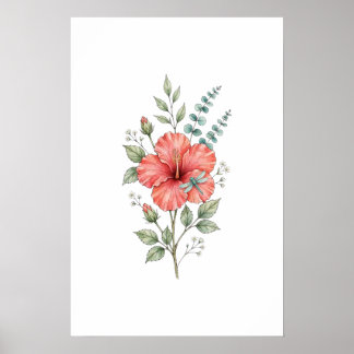 Poster Lindo Hibisco de Libélula Aquarela Jardim