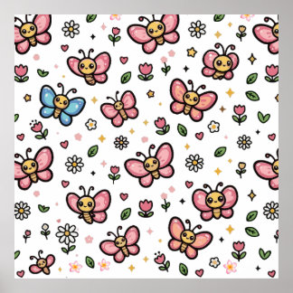 Poster Lindo Padrão Floral de Borboleta Sem Costura Kawai