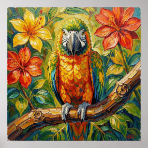 Poster Lindo Papagaio de Impasto Colorido e Flor Tropical