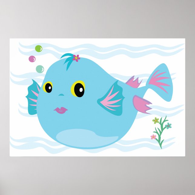 Poster Lindo Peixe Tropical Azul Barbatanas Rosa (Frente)