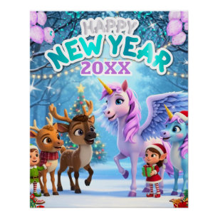 Póster Lindo Poster de Ano Novo com Unicórnio e Rena para