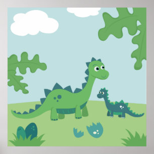Póster Lindo pôster de berçário de mãe dinossauro e menin