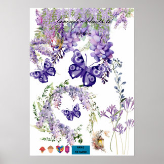 Poster lindo pôster de borboleta e lavanda para parede do