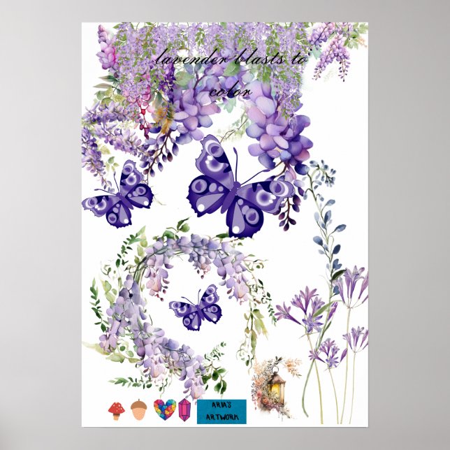 Poster lindo pôster de borboleta e lavanda para parede do (Frente)