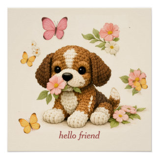 Póster Lindo Poster de Borboleta Floral de Cachorrinho –