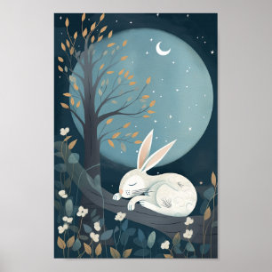 Poster Lindo pôster de um coelho dormindo sob a Lua