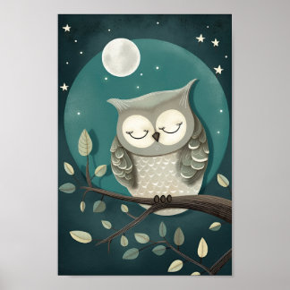 Poster Lindo pôster de uma coruja dormindo sob a Lua e E