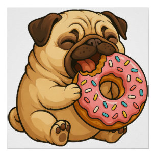 Póster Lindo pug donut cartoon engraçado mastigando
