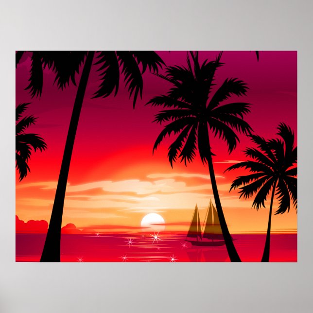 Póster Lindo Shimmery Island Sunset & Sailboat (Frente)