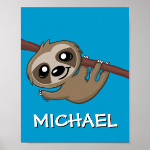 Poster Lindo Sloth Safari Cartoon Nome da Selva Azul Zool