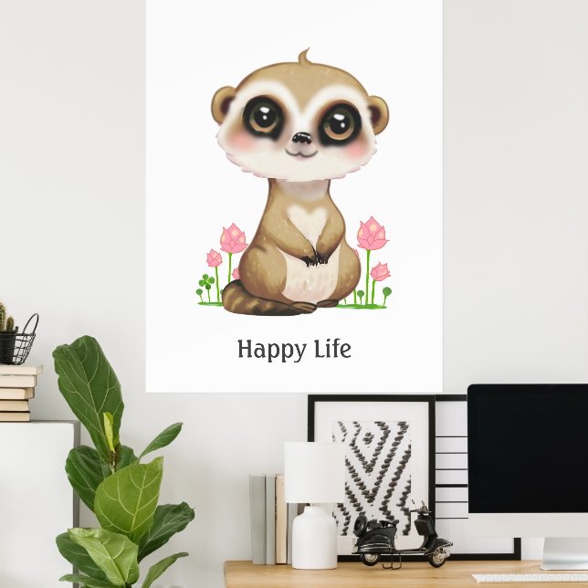 Poster Lindo Suricata e Flores Feliz (Escritório em casa)