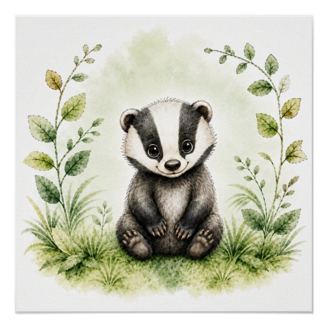 Póster Lindo Texugo Botânico Aquarela Vida Selvagem  (Frente)