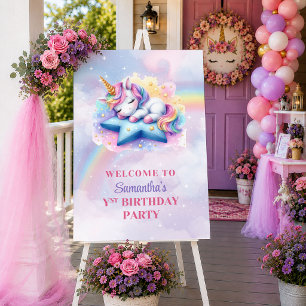 Poster Lindo Unicórnio Rosa Roxo Menina Aniversário Bem-V