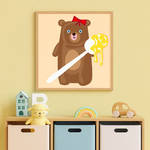 Poster Lindo Ursinho Mel com Colher e Laço Vermelho