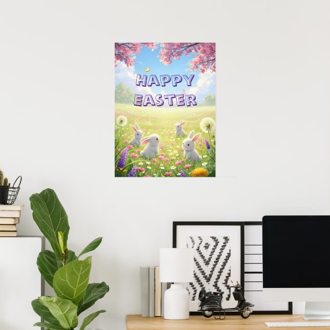 Poster Lindos coelhos brancos da Páscoa Floral Primavera  (Escritório em casa)