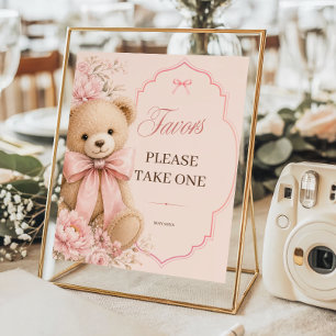 Poster Lindos Favores de Chá de Bebê Urso Teddy Rosa