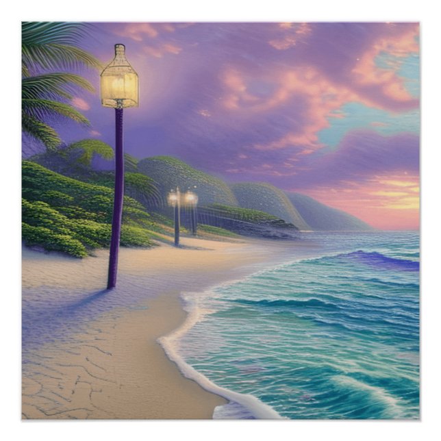 Póster Lindos Oceanos de Praia Ondas Nuvens Noturnas (Frente)
