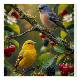 Póster Lindos Passarinhos Com Frutas Vermelhas Na Florest