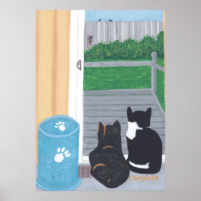 Poster Lindos pôsteres de dois gatos observando pássaros  (Frente)