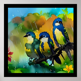 Poster Lindos Três Pássaros Coloridos Sentados No Galho I