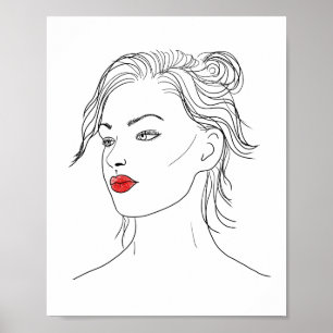 Poster Line Art Mulher em Batom Vermelho