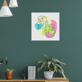 Poster Linha Abstrata Rostos Gêmeos Coloridos